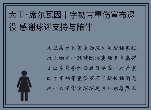 大卫·席尔瓦因十字韧带重伤宣布退役 感谢球迷支持与陪伴